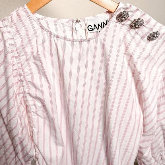 Ganni Stripe Long Puff Sleeve Cotton Mini Dress Cherry Blossom size 38/M/6 - Picture 3 of 16